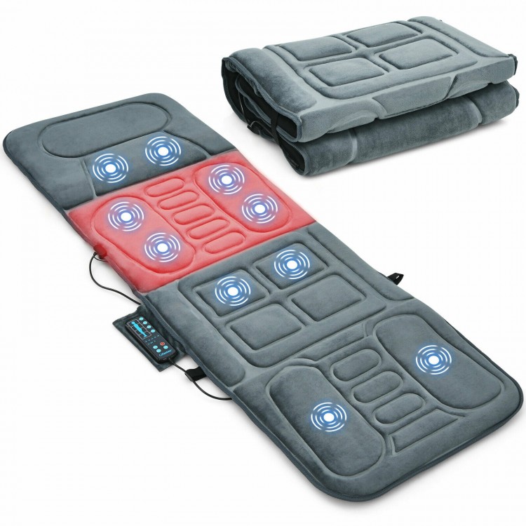 Foldable massage mat with heat and 10 vibration motors, featuring plush surface for neck, back, and leg relief at home.