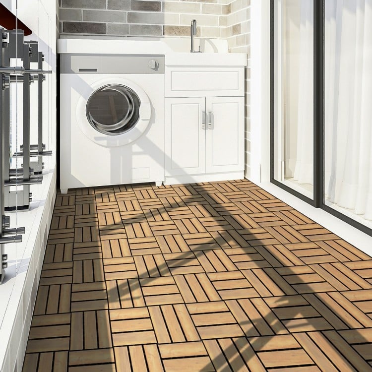 Acacia wood interlocking tile flooring in a natural finish, ideal for garden, balcony, or poolside use with drainage.