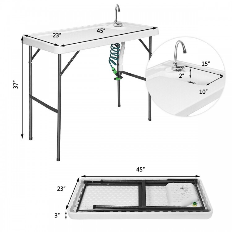 Folding cleaning sink table with sprayer, 45" x 23", durable plastic surface, ideal for outdoor cleaning tasks.