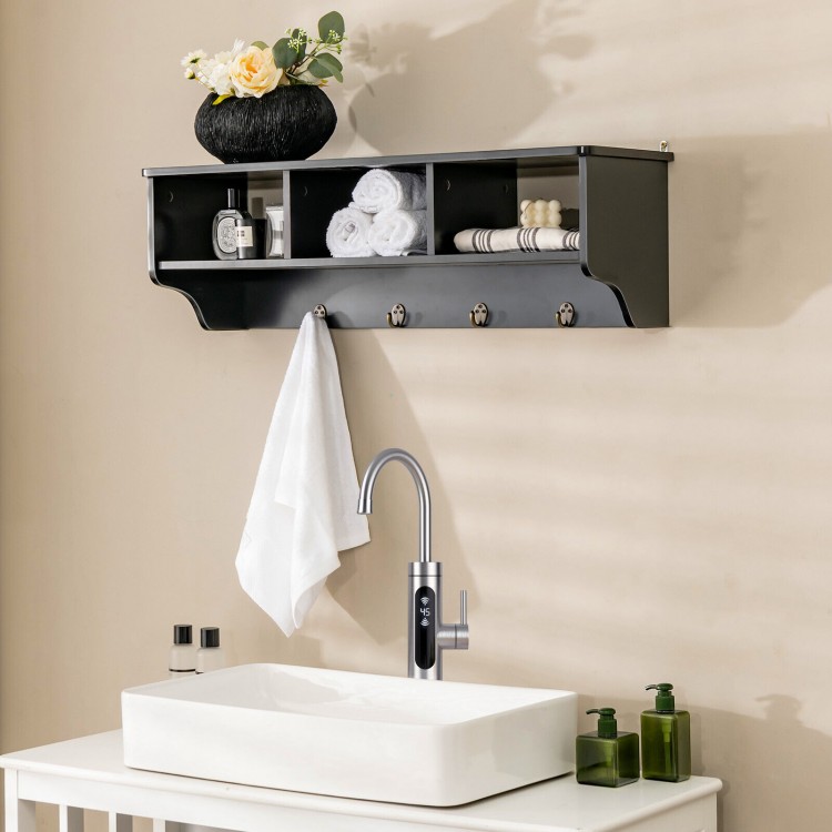 Wall-mounted black cubby organizer shelf with 4 hooks, ideal for entryway storage and displaying items.