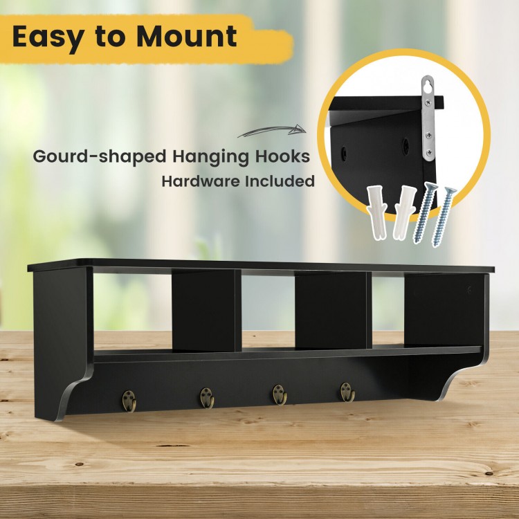 Wall-mounted black cubby organizer shelf with 4 hooks for entryway storage, made of premium painted MDF.