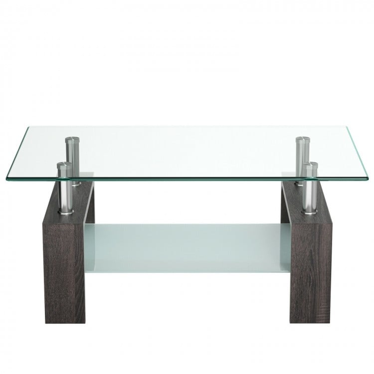 Rectangular coffee table with a clear tempered glass top and black MDF base, featuring a bottom shelf for storage.