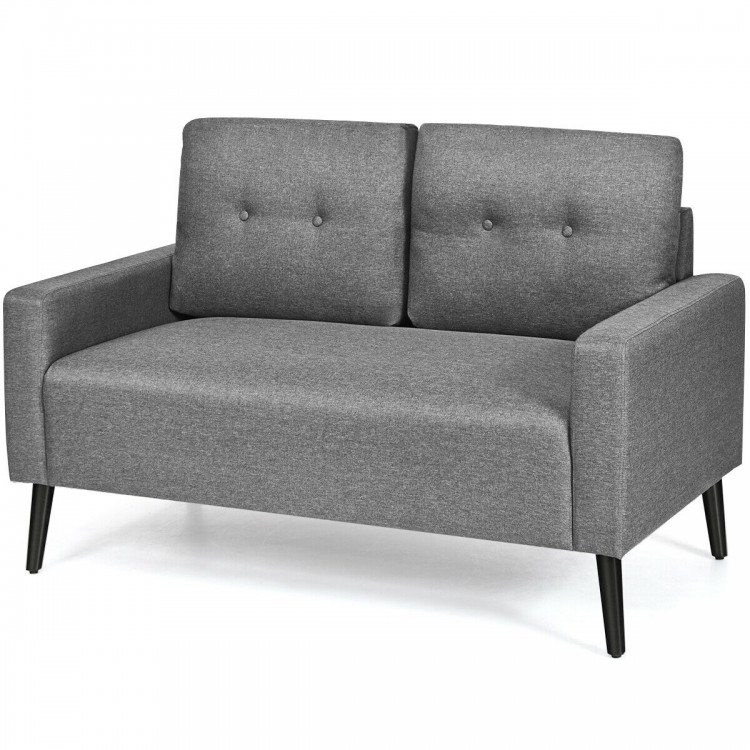 Modern gray loveseat sofa with soft cushion, solid rubber wood legs, ideal for living room or office seating.