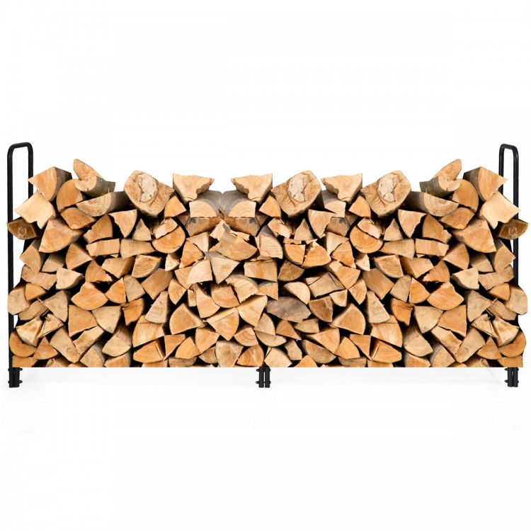 8-foot outdoor steel firewood log rack with heavy-duty frame, providing ample storage for logs and kindling, ideal for.