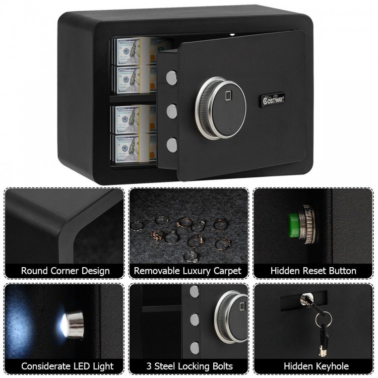 Compact 2-layer security safe deposit box in durable steel with inner LED light, ideal for protecting valuables.