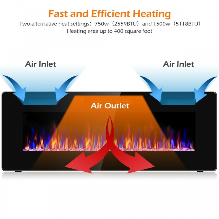50-inch recessed electric fireplace with 12 flame colors, 750W/1500W heating, and remote control for convenient use.