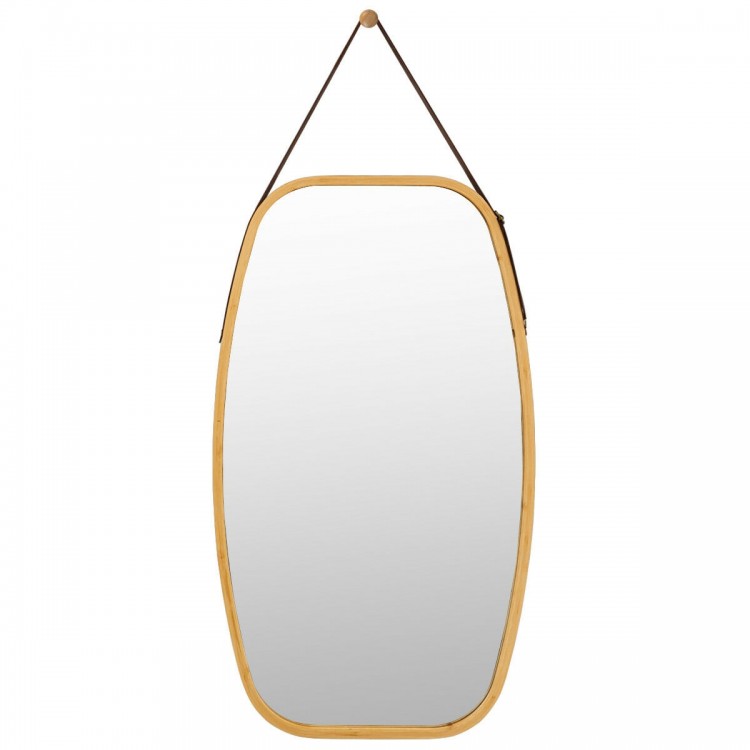 30-inch modern rectangle wall-mounted mirror with a bamboo frame and adjustable leather strap for versatile hanging.