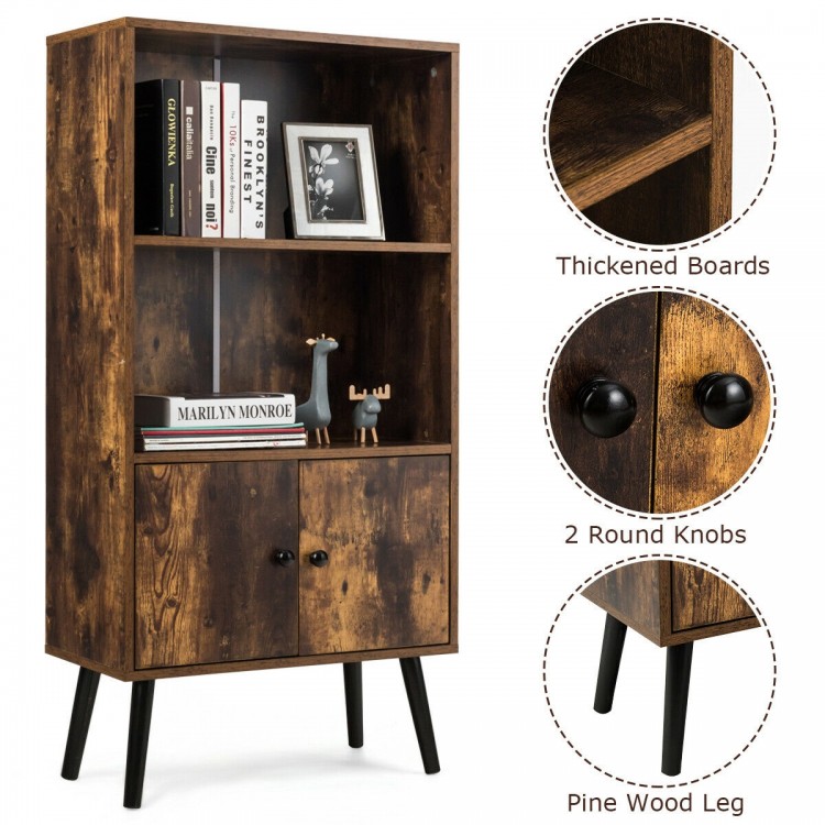 2-tier retro bookshelf featuring 2 open shelves and a concealed compartment with doors, perfect for rustic home decor.