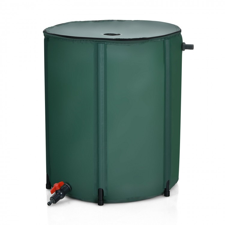 53-gallon portable collapsible rain barrel in green, made of durable PVC, with dual-way zippered top and spigot for.