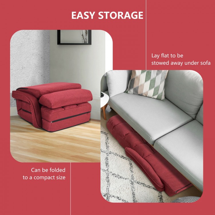 Folding red lazy floor chair with armrests, adjustable back support, and compact storage for living room or dorm use.