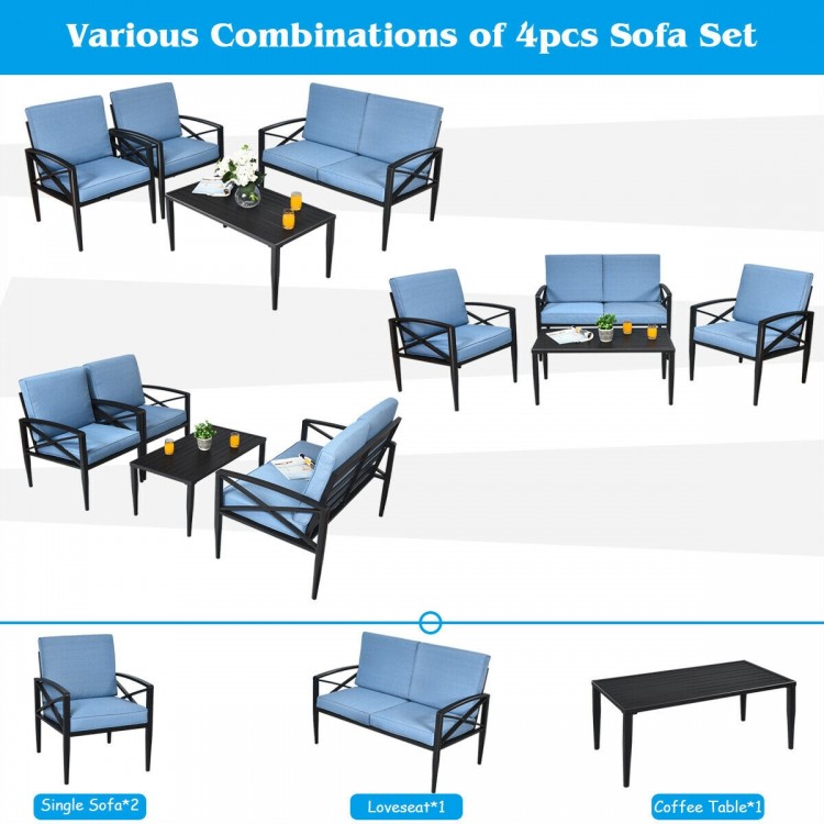 4-piece patio furniture set featuring 2 single sofas, 1 loveseat, and a side table in blue cushions with aluminum frame.