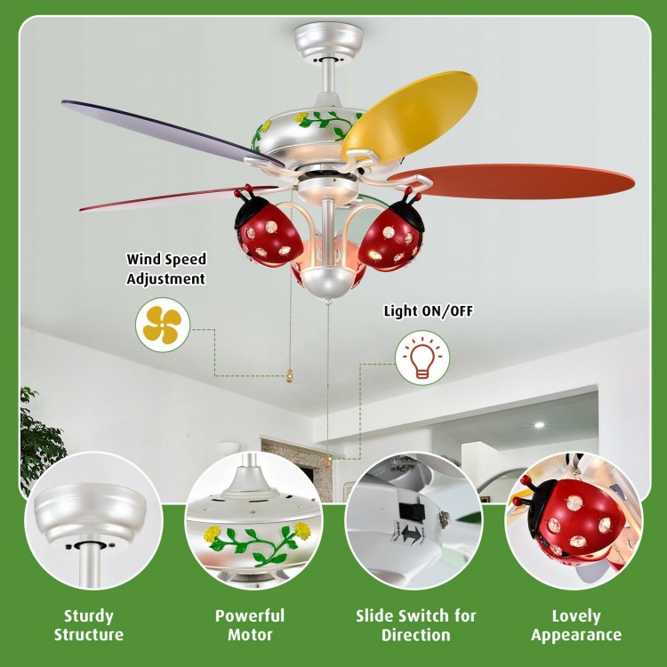 Colorful 52-inch kids ceiling fan with beetle lampshade, pull chain control, and adjustable speed for children's rooms.