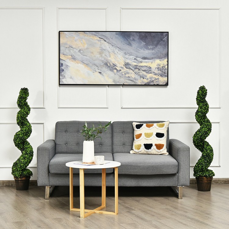Artificial spiral boxwood topiary in a golden pot, UV and water resistant, perfect for indoor or outdoor decor.
