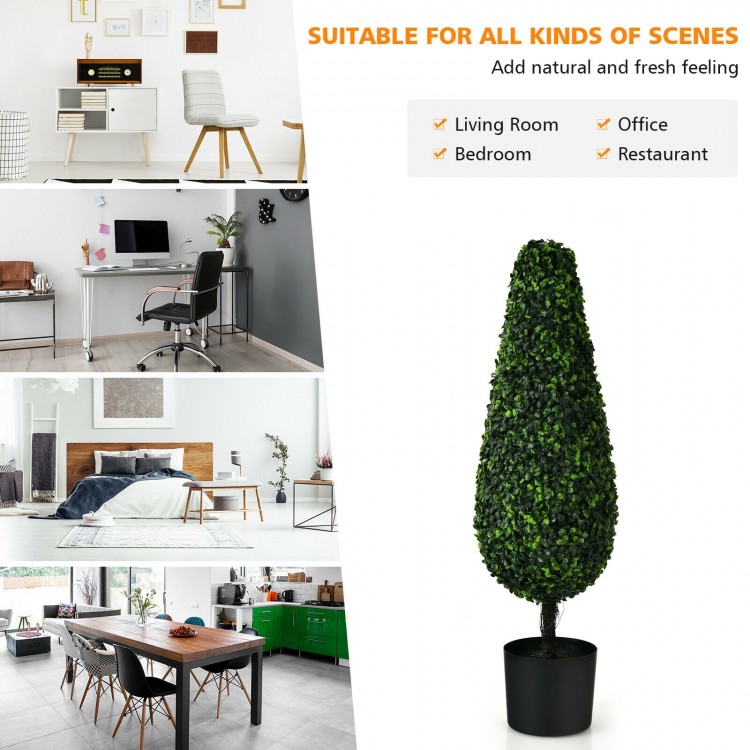 Single 3-foot artificial tower topiary tree with UV-resistant leaves in a black pot, ideal for home or office decor.