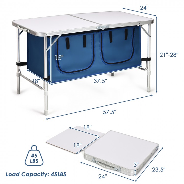 Height adjustable blue folding camping table with large storage area, compact design, and 45lbs load capacity for.