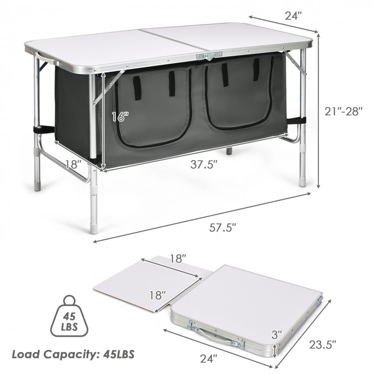 Height adjustable folding camping table in gray with large storage area, compact design, and load capacity of 45 lbs.