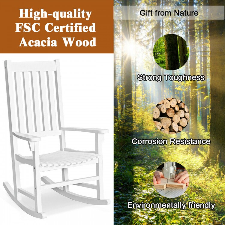 White high back rocking chair made of acacia wood, suitable for indoor and outdoor use, ideal for patio relaxation.