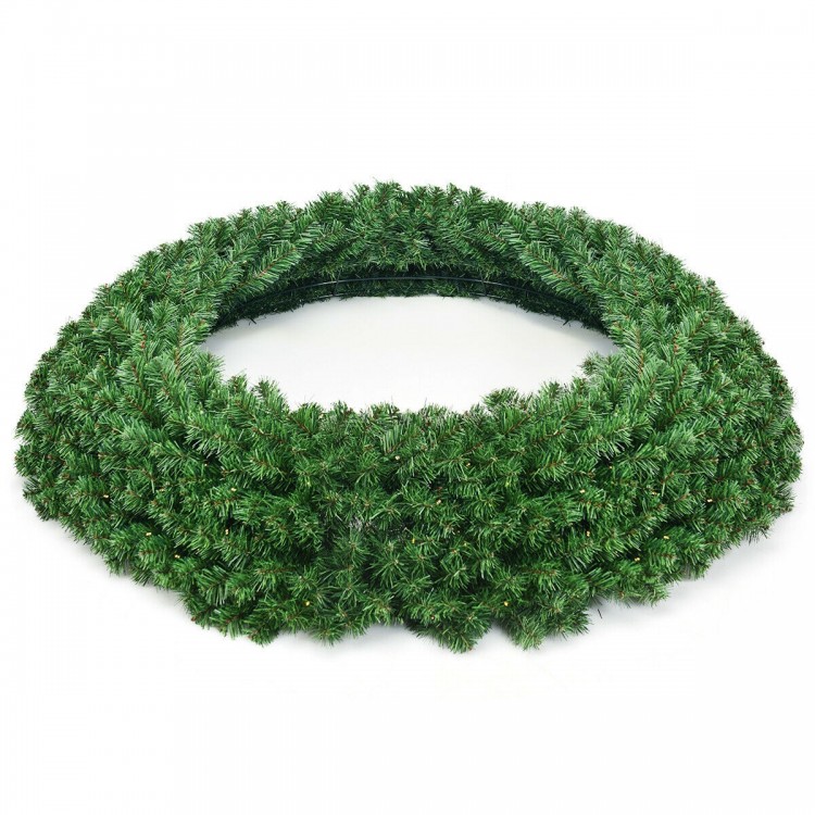 Side view of a 48-inch pre-lit cordless artificial Christmas wreath with 714 branch tips, ideal for festive home.