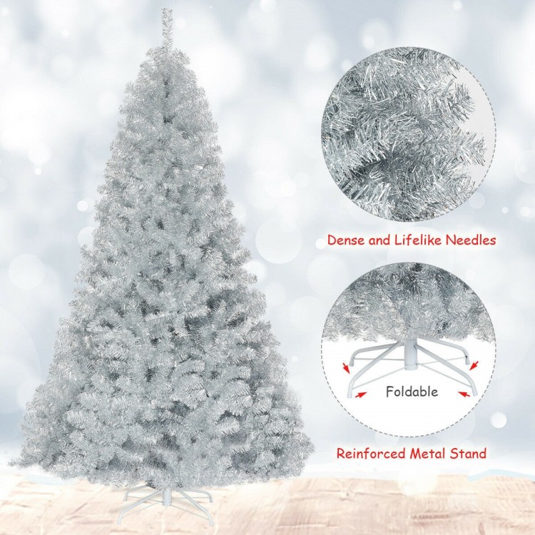 7.5 ft unlit artificial silver tinsel Christmas tree with 1258 branch tips, foldable design, and sturdy metal stand for.