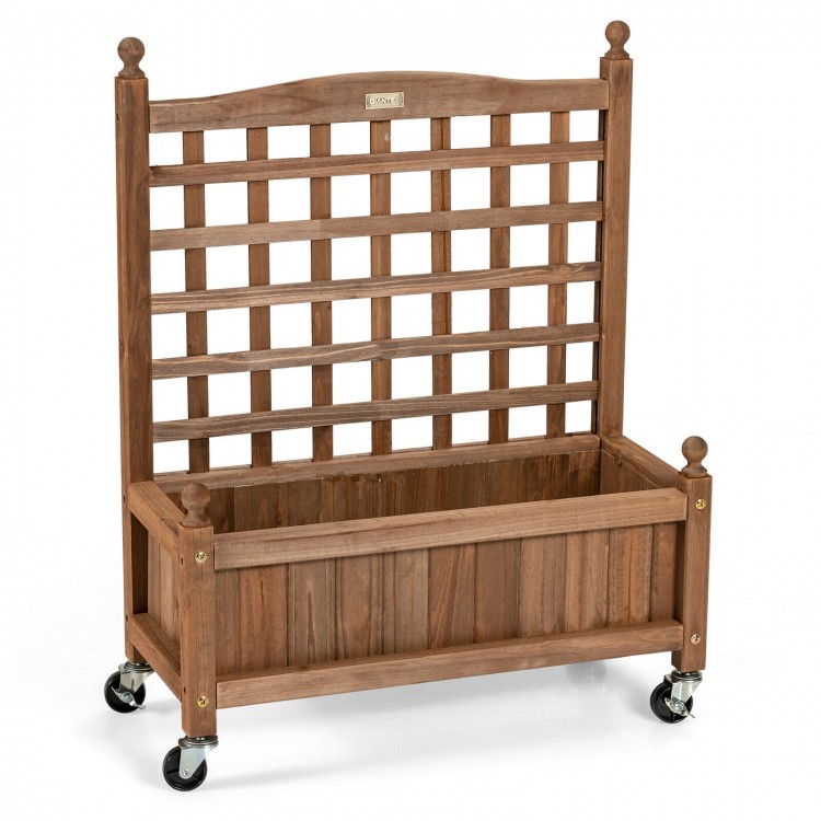 Wood planter box with trellis, 6.5'' deep, made of fir wood, mobile on wheels, ideal for climbing plants and gardening.
