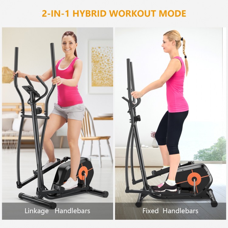 Elliptical exercise machine with fixed handlebars and LCD monitor, featuring 8 magnetic resistance levels for home.