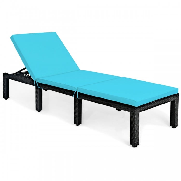 Height adjustable patio lounge chair in blue with soft cushion, made of durable PE rattan and steel for outdoor.