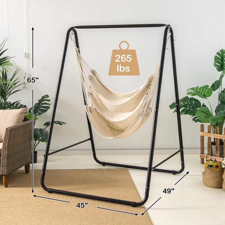 Hanging padded hammock chair with stand, beige cotton, sturdy steel frame, supports 265 lbs, ideal for indoor or.