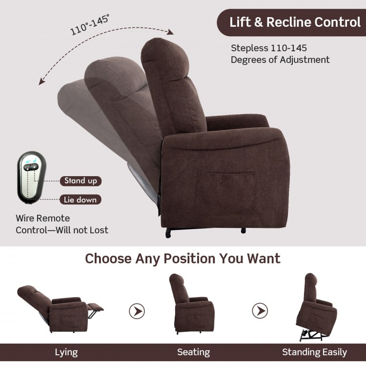 Power lift recliner chair in brown with remote control, adjustable 110-145 degrees, ideal for elderly comfort and.