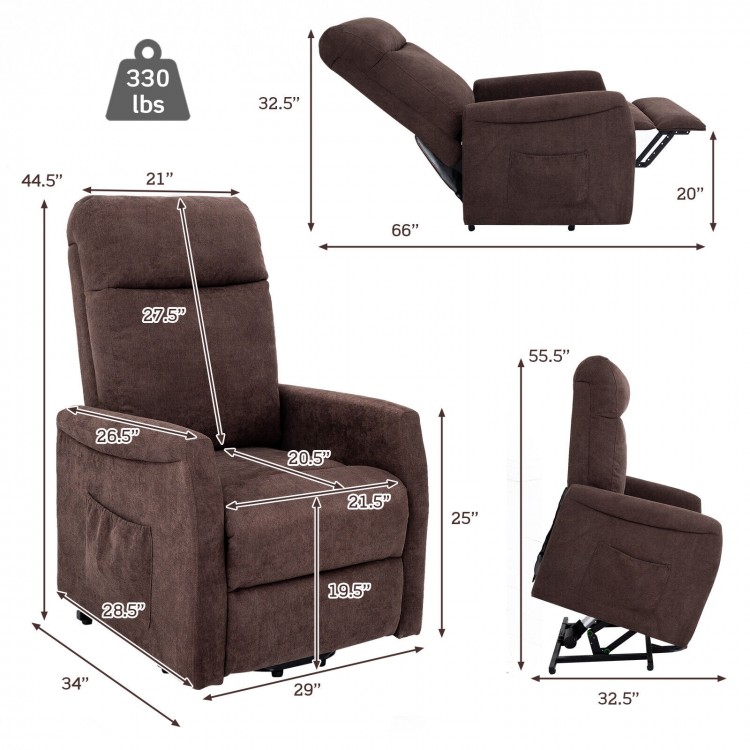 Power lift recliner chair in brown with remote control, adjustable backrest, and ergonomic design for elderly support.