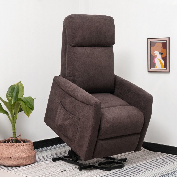 Power lift recliner chair in brown with remote control, ergonomic design, adjustable backrest, ideal for elderly.