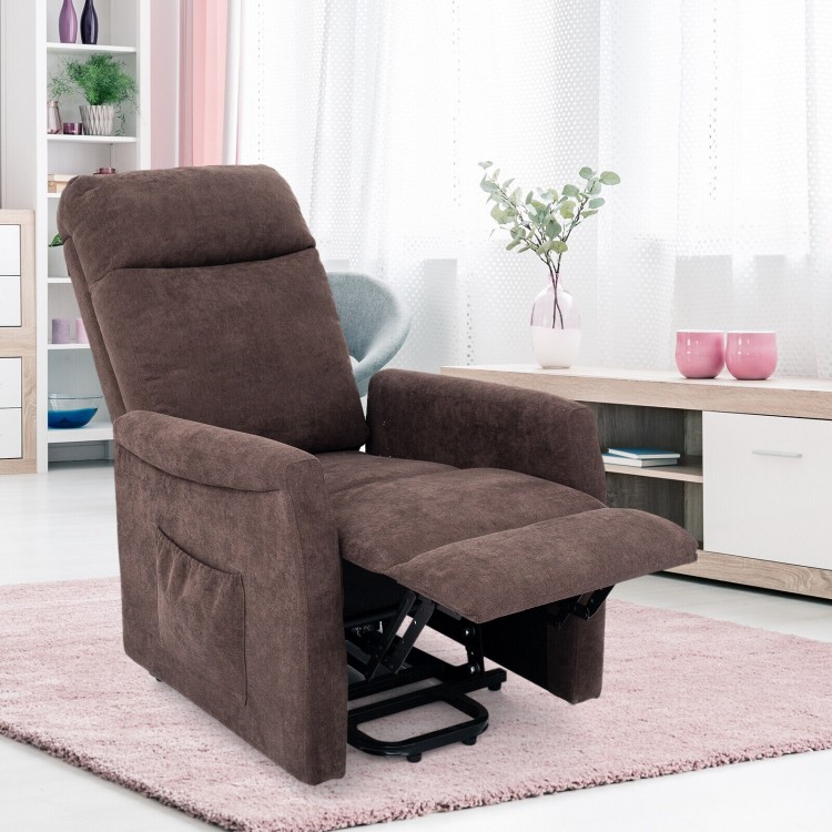 Brown power lift recliner chair with remote control, ergonomic design, adjustable backrest for elderly comfort and.