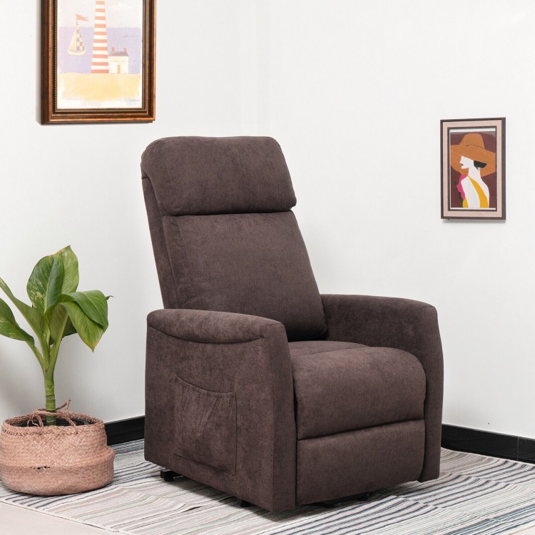 Power lift recliner chair in brown with remote control, ergonomic design, adjustable backrest for elderly comfort.