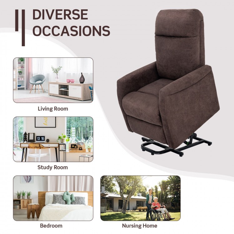 Power lift recliner chair in brown with remote control, designed for elderly comfort and support in various settings.