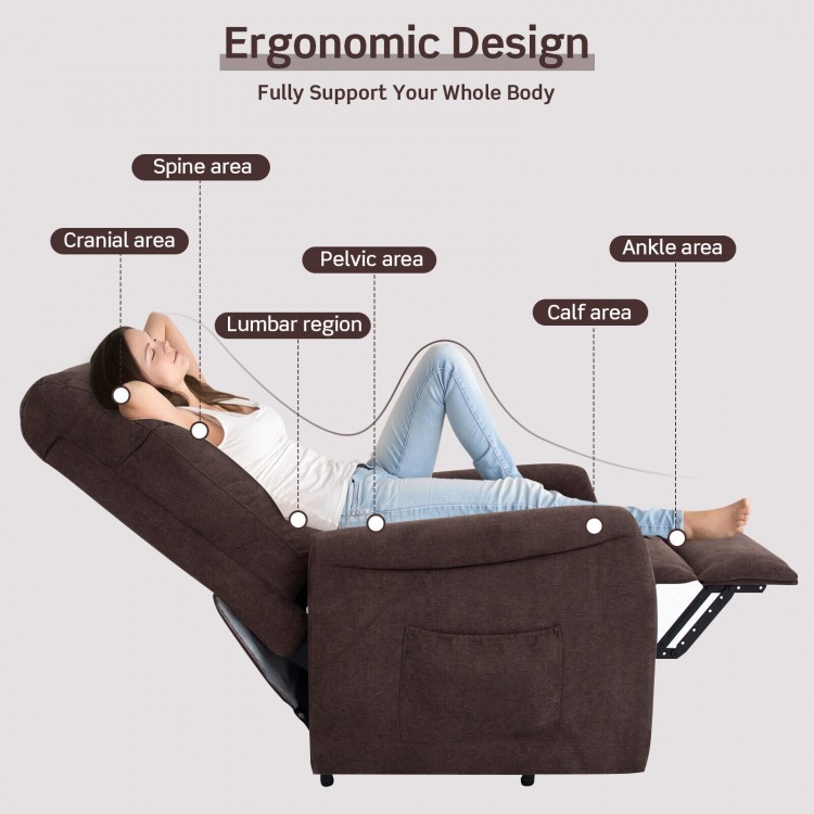 Power lift recliner chair in brown, featuring ergonomic design for full body support and adjustable reclining positions.