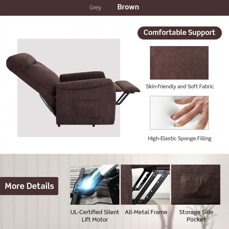 Brown power lift recliner chair with remote control, ergonomic design, high-density sponge, ideal for elderly support.