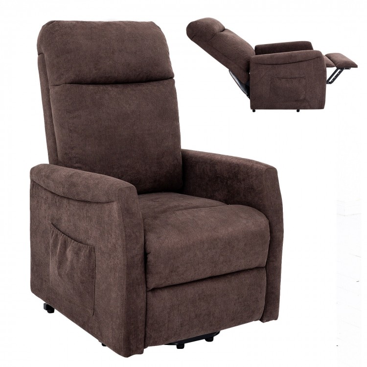Brown power lift recliner chair with remote control, ergonomic design, adjustable reclining back for elderly comfort.