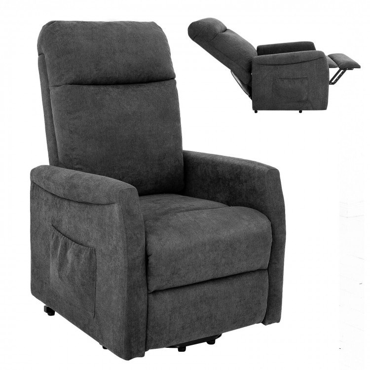 Power lift recliner chair in gray with remote control, featuring adjustable reclining back and ergonomic design for.