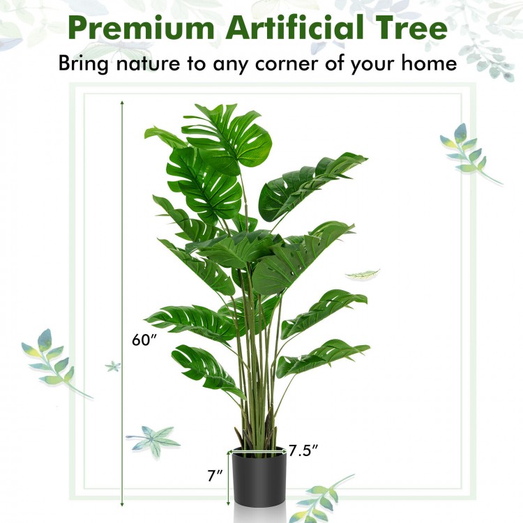 5-foot artificial monstera tree with 15 large leaves in a solid pot, perfect for indoor or outdoor decoration.
