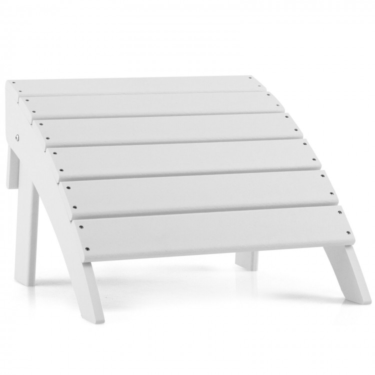 White Adirondack folding ottoman made of all-weather HDPE, designed for leg relaxation, perfect for indoor or outdoor.