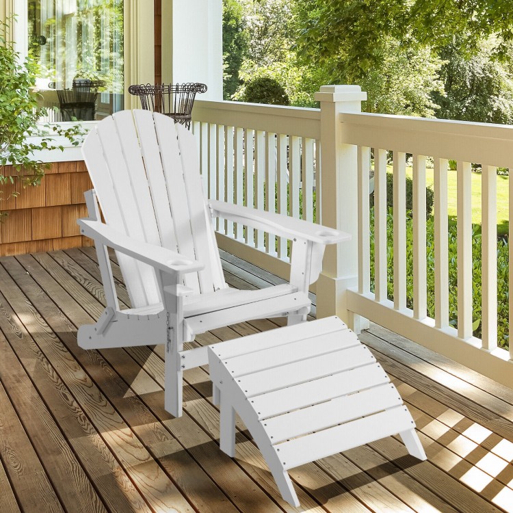 White Adirondack folding ottoman made of all-weather HDPE, designed for indoor or outdoor relaxation.