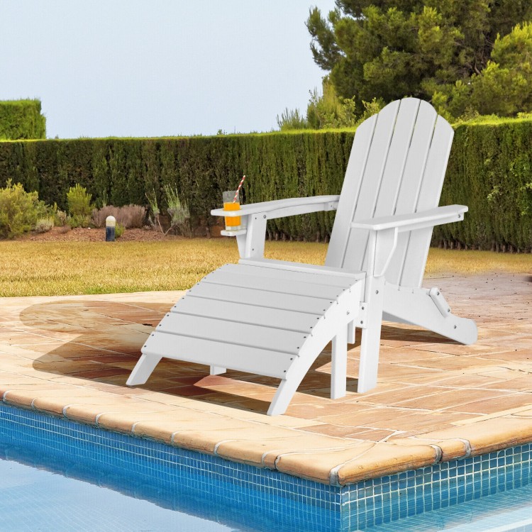 White Adirondack folding ottoman made of all-weather HDPE, perfect for relaxing by the pool or patio.