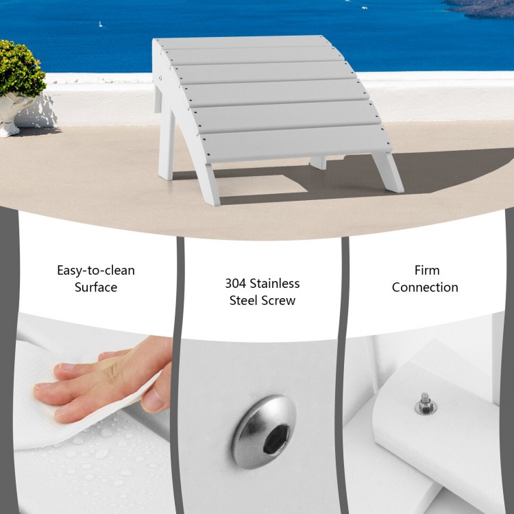 Folding ottoman in white HDPE material, designed for outdoor use, featuring a curved shape for leg relaxation.