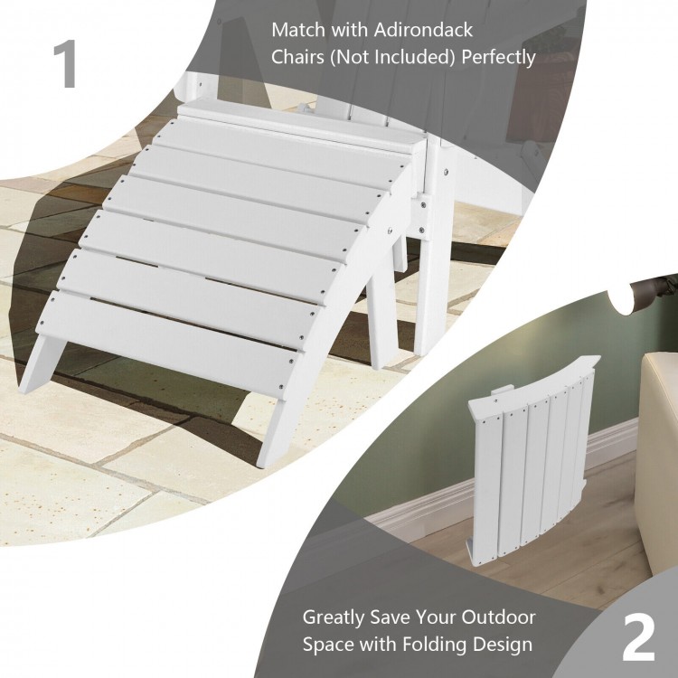Adirondack folding ottoman in white, made of all-weather HDPE, designed for space-saving indoor or outdoor use.