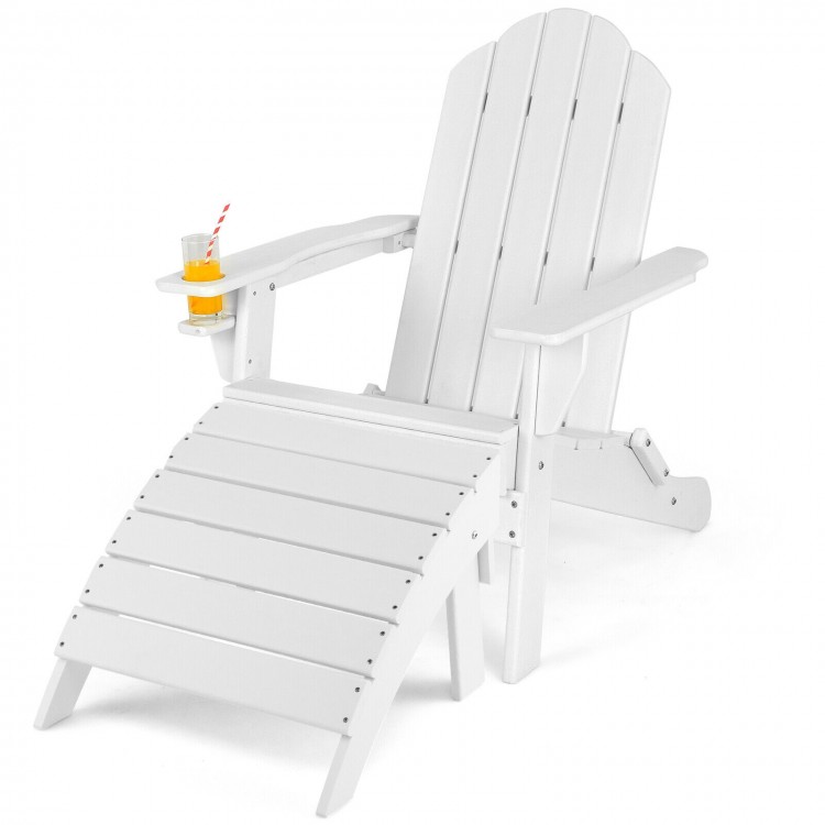 White Adirondack folding ottoman made of all-weather HDPE, designed for leg relaxation and easy storage.