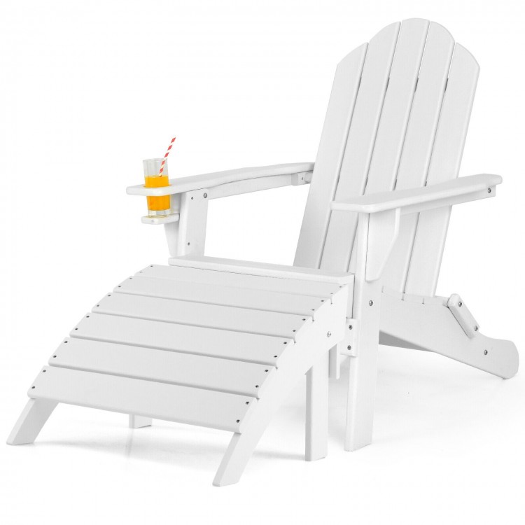 White Adirondack folding ottoman made of all-weather HDPE, designed for indoor or outdoor use, perfect for leg.
