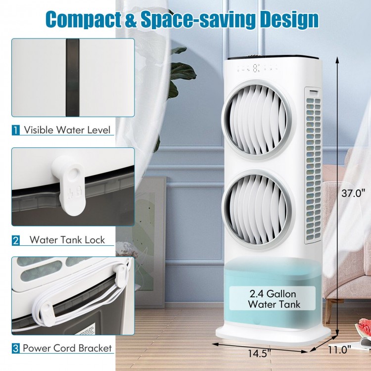 3-in-1 evaporative air cooler with 2.4-gallon water tank, remote control, and 80° oscillation for effective cooling.