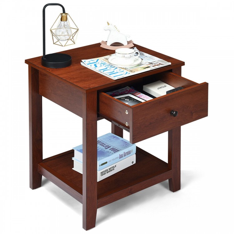 Wooden nightstand with drawer and open shelves, made of particleboard, perfect for bedroom or living room storage.