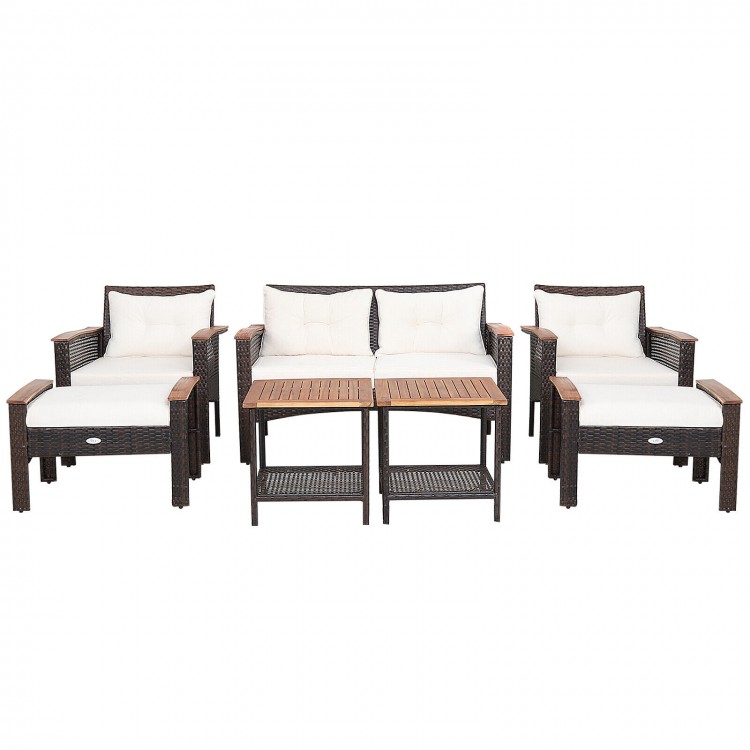 7-piece patio rattan furniture set with cushioned loveseat, chairs, and tables for outdoor relaxation and comfort.
