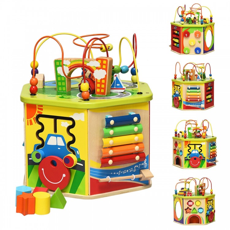 Colorful 7-in-1 wooden activity cube toy featuring bead maze, xylophone, and shape sorter for kids' educational play.