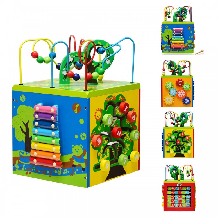 Colorful 5-in-1 wooden activity cube toy featuring bead maze, xylophone, and gears for early educational fun.